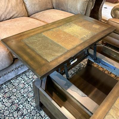 Contemporary Mission Style Coffee Table w/inlaid stone tile, storage drawers and  Lift-top Cocktail Table 38x38x18