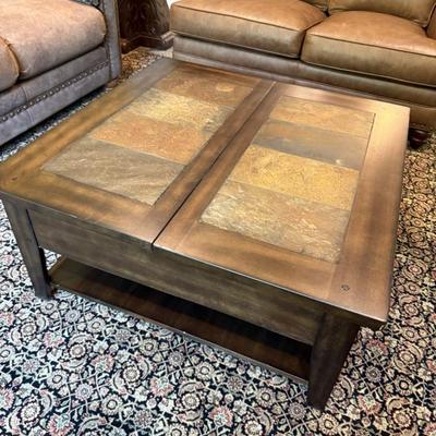 Contemporary Mission Style Coffee Table w/inlaid stone tile, storage drawers and  Lift-top Cocktail Table 38x38x18