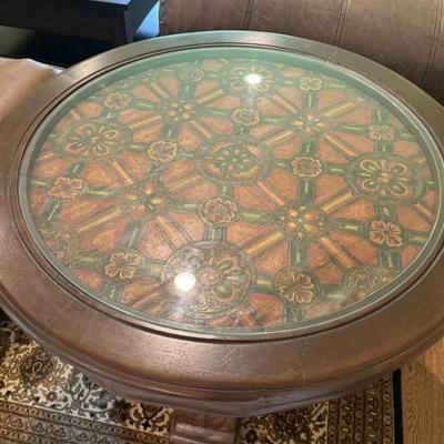 36" Hand carved wooden end table with glass top and geometric insert