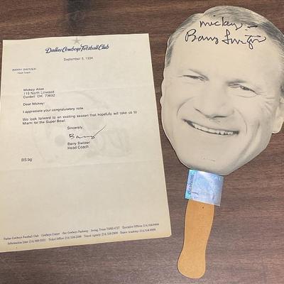 Barry Switzer Autographed Letter & Head Fan
