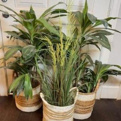3 Faux Plants In Woven Baskets 