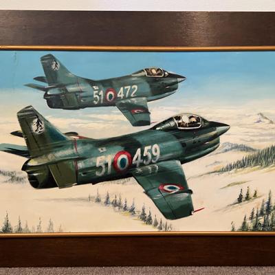 Framed 1965 L Marchesini Oil On Wood Italian Fiat G-91 Fighter Bombers