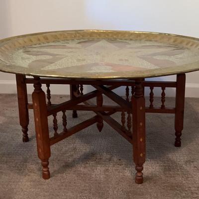 1960’s Large 37.5” Heavy Brass Table On Wood Inlay Folding Legs 