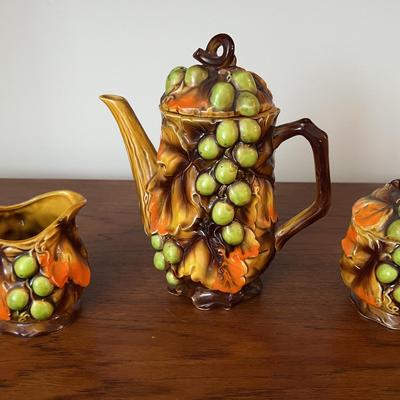 Nasco Majolica Hand Painted Swirling Leaves Teapot Set 