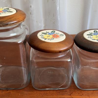 Vintage Anchor Hocking Glass Canister Set W/ Wood & Ceramic Mushroom Lids 