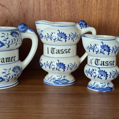 Mid-Century Arnat Blue Onion Porcelain Sugar/Creamer Set w/ French Lettered Measuring Cups