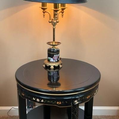 Black Lacquer Side Table with Three-Light Table Lamp