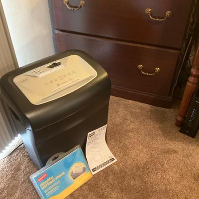 Staples Paper Shredder with Lubricant Sheets and Wide Wooden File Cabinet 