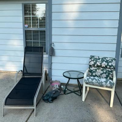 Patio Lounger, Chair, and Table With Ceramic Frogs 