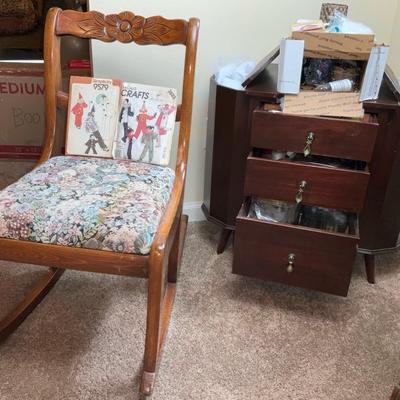 Floral Upholstered Rocking Chair & Vintage Sewing Cabinet