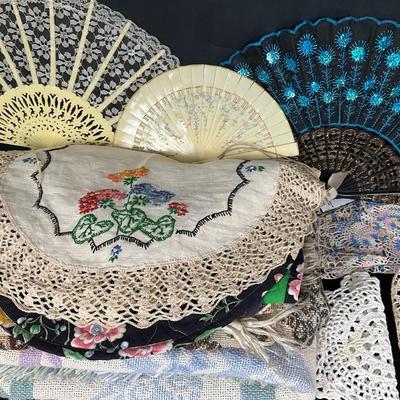 Vintage Linens and Decorative Hand Fans Lot