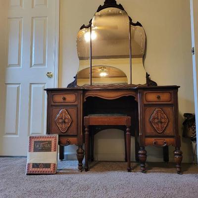 Antique Vanity with Tri-Fold Mirror and Bench