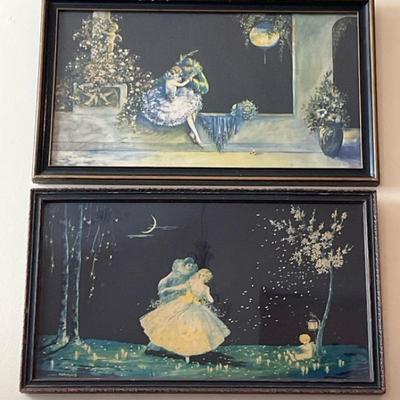 Pair of Framed Vintage Prints with Romantic Garden Scenes