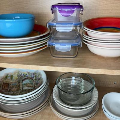 Colorful Dishware and Glass Storage Lot
