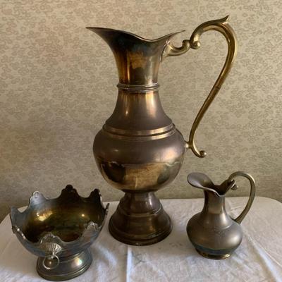 Vintage Brass Pitchers And Bowl 