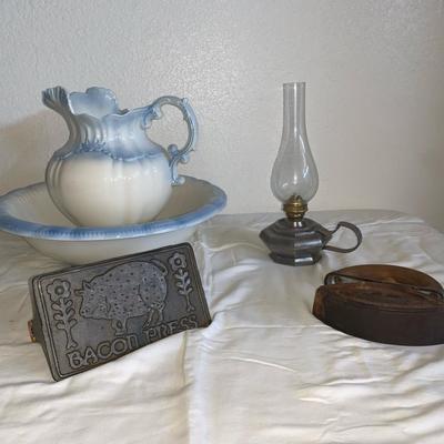 Ceramic Pitcher And Bowl And Oil Lamp Etc