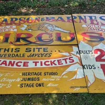 Original carson barnes circus sign 12 x 8 ft in three 4 x 8 panels
