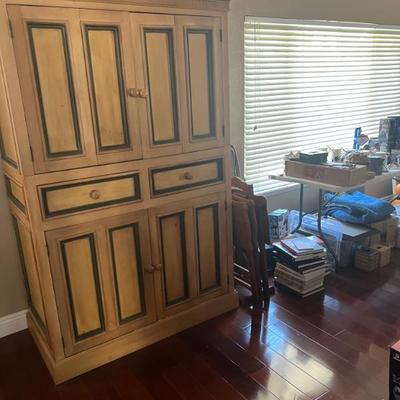 NICE WARDROBE / ARMOIRE HAND PAINTED GREEN ACCENTS SOLID WOOD...