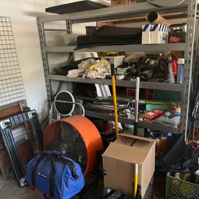 GARAGE IS FULL OF CAR JACKS, TOOLS, CAR PARTS, INDUSTRIAL SHELVING, DOLLIES AND MUCH MORE!