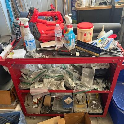 RED CART IS FILLED WITH BAGGIES OF BOLTS, SCREWS, AND MISC. HARDWARE...