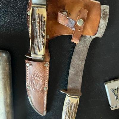 Vintage hand axe & knife w/ deer antler handles...
