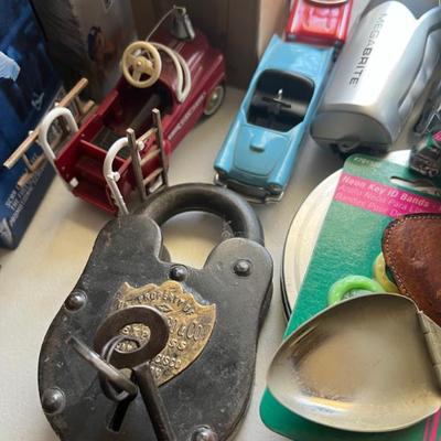 VINTAGE TOY CARS & WELLS FARGO ANTIQUE LOCK.