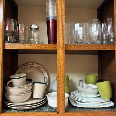 Corelle dinnerware, glasses