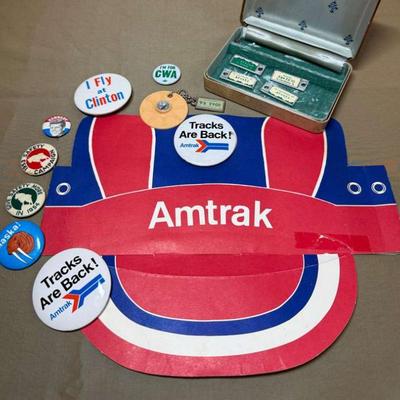 Vintage pins amtrak kennedy, license plates & other
