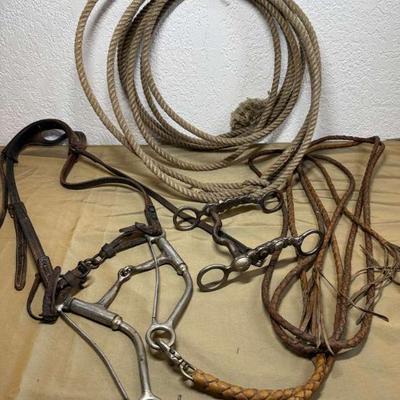 Vintage western style bits leather reigns & lasso