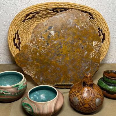 Mt rushmore pottery stone slab, decorative gourd & woven basket