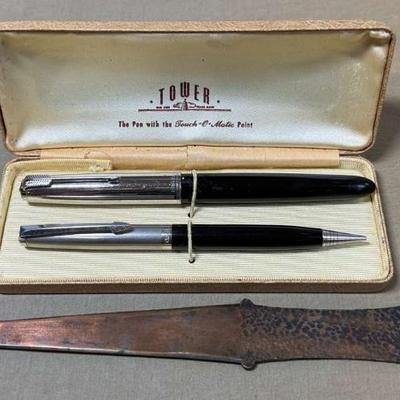 Parker pen tower pencil & copper letter opener