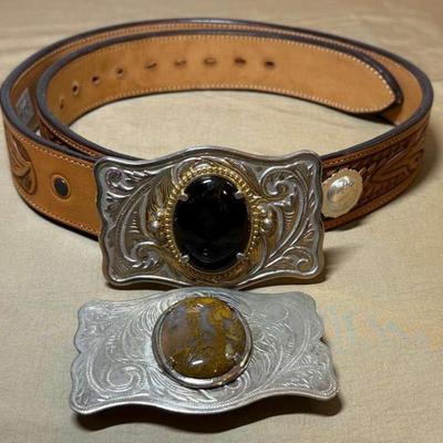 Windmill hand tooled leather belt two buckles