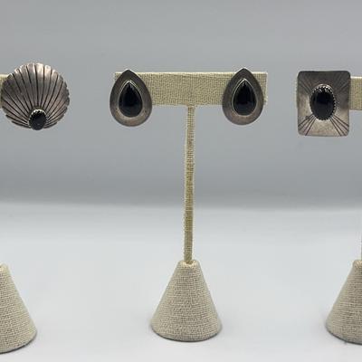 Three Pairs of Sterling and Onyx Clip On Earrings