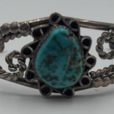 Vintage Artist Signed Native American Turquoise and Sterling Bracelet