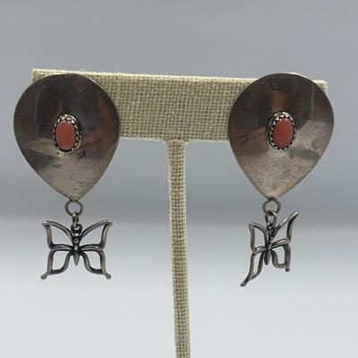 Artist Signed Sterling, Pink Coral, and Butterfly Earrings