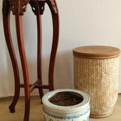 Carved Japanese-stlye Stand Planter, And Ceramic Plinth