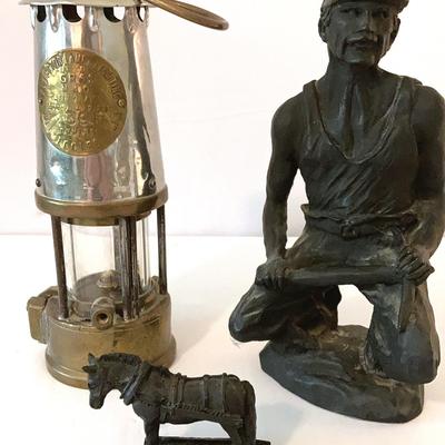 Antique Eccles Miners Protector Lamp & Vintage J. Kourey Coal Miner Figure