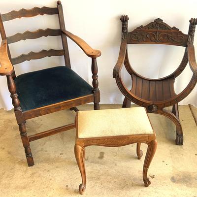 Antique Dagobert Curule Armchair Hand carved And Vintage Jean Huygens Armchair 