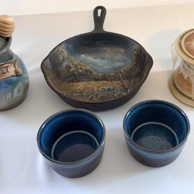 Painted Skillet, Honey Jar, Butter Crock, And Ceramic Bowls
