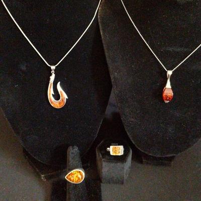 Sterling And Amber Necklaces And Rings 
