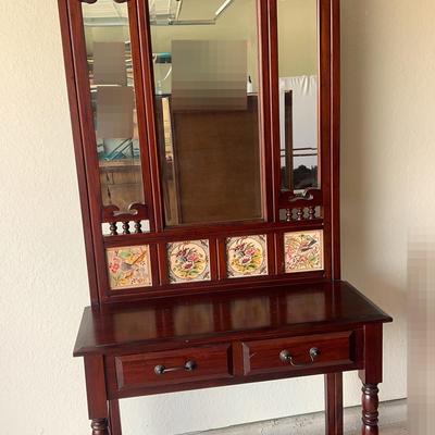 Antique Hall Tree With A Tile Details and Beveled Glass