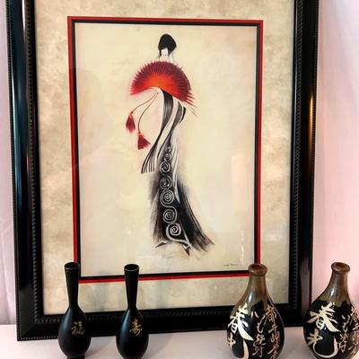 Lady Red Fan Print by Marilyn Robertson And Vases 