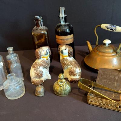 Medicine Bottles, Tea Pot, Brass Collectibles, Tray, Mini Book