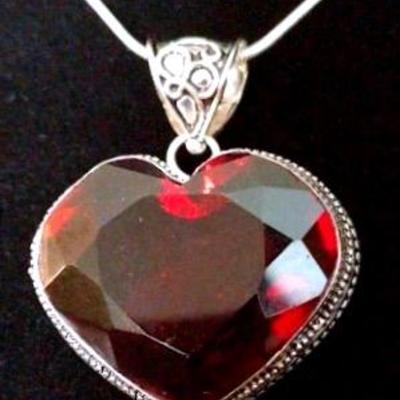 Very Large Red Heart-shaped Pendant Set In 925 Sterling
