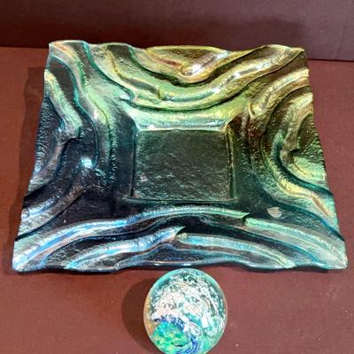 Fused Glass Tray And Blue Wave In Glass Ball