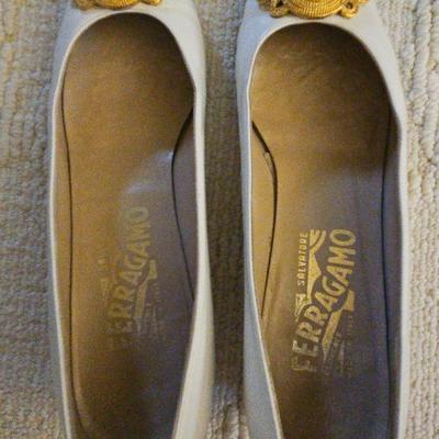 Salvatore Ferragamo White Leather Pumps with Gold Medallion - Size 7AA