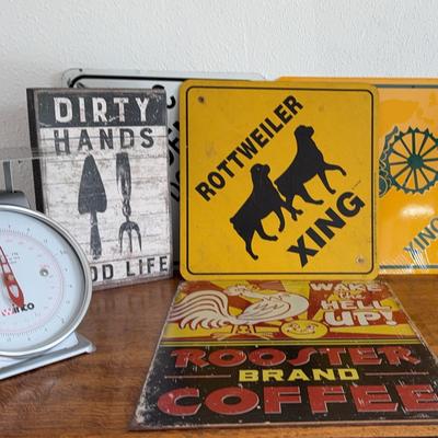 Metal Signs & Kitchen Scale
