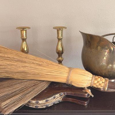 Brass Ash Bucket/Hearth Brooms/Brass Candlesticks/Bellows w/Yellow Leather 