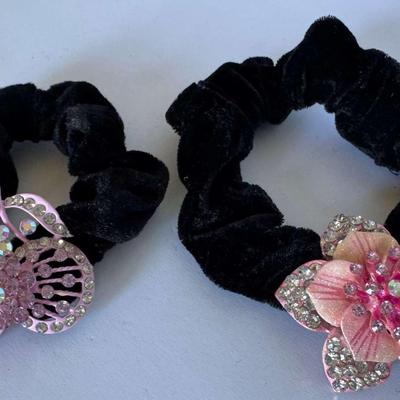 Black velvet hair scrunchies with rhinestones (pink)