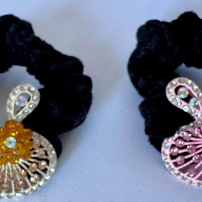 Black velvet hair scrunchies with rhinestones (orange with peach and pink)